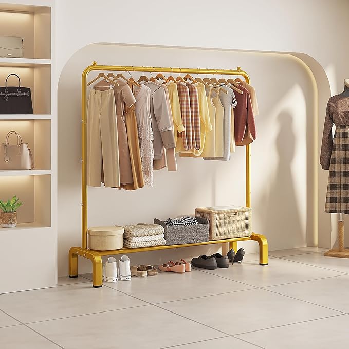 Metal 43.3 Inches Garment Rack with Bottom Shelf Clothing Rack for Hanging Clothes Coats Skirts Shirts Sweaters Gold (Pack of 6)