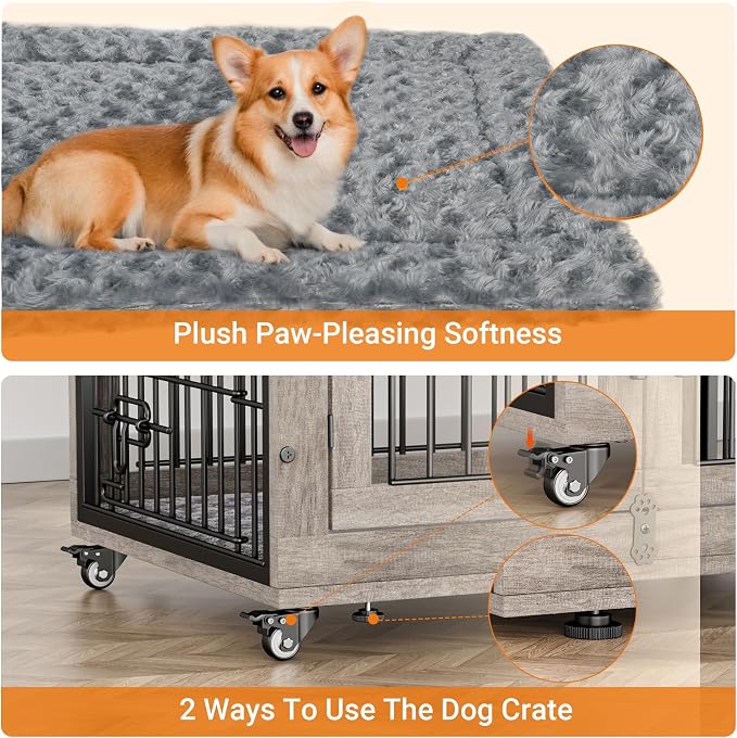 Medium Dog Crate Furniture, 32'' Heavy Duty Kennel w/Cushion & Wheels | Grey, Double Doors, Wooden Dog Cage, Chew-Resistant, End Table, Decorative, 27"/32"/38"/44" Options, Indoor