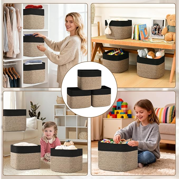 3 Pack Cube Storage Bin, 12”x12”x10” Cotton Rope Woven Baskets for Organizing Toys Clothes Towels, Square Gift Storage Baskets for Shelves, Nursery, Closet, Bathroom, Pantry (Black & Brown)