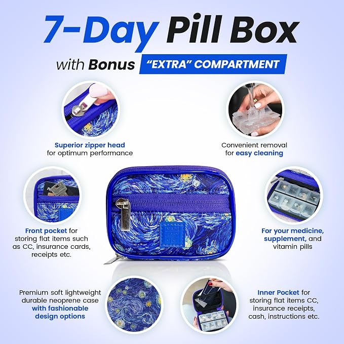 Made Easy Kit Pill Case - Weekly Medicine Organizer with Removable Seven-Day Vitamin & Supplement Box - Premium Neoprene for Travel Purse Accessory (Blue Starry Night)