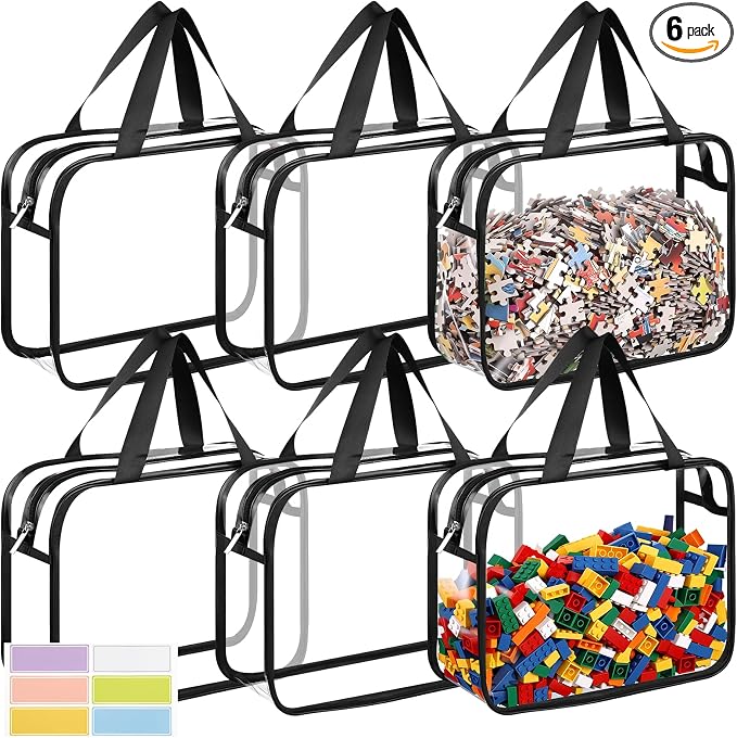 Toy Storage Bags 6 Pack, Clear PVC Toy Organizers, Black | Waterproof PVC, Large 30 x 10 x 22 CM Size, Label-Ready, For Toys, Books, Puzzles, Classroom and Travel