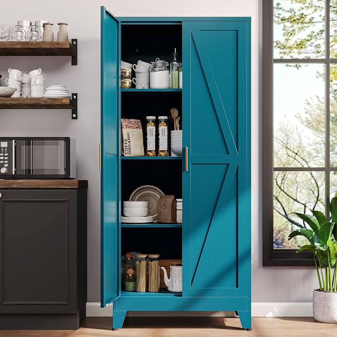 61" H Metal Storage Cabinets,Garage Cabinet,Broom Closet Storage Cabinet,Blue Storage Cabinets,Utility Cabinet
