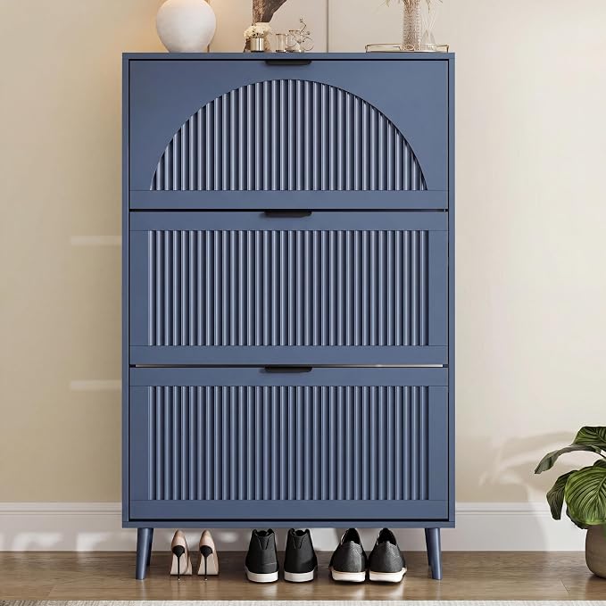 Shoe Storage Cabinet with 3 Flip Drawers, Narrow Wood Shoe Organizer Cabinet with Fluted Panel, Slim Shoe Rack for Entryway, Freestanding Shoe Cabinet for Living Room, Hallway, Blue