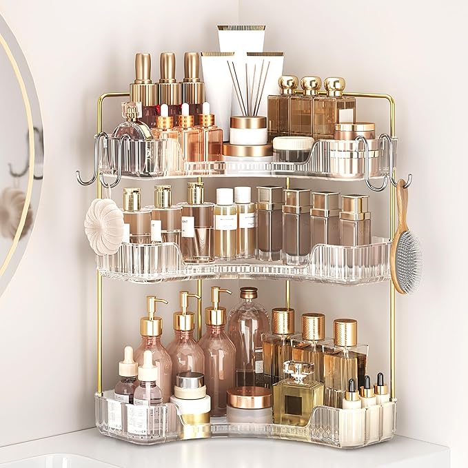 Corner Bathroom Counter Organizer 3-Tier Bathroom Organizer | Storage Countertop with Hooks Perfume Organizers Storage Shelf for Makeup & Skincare Dresser-Clear