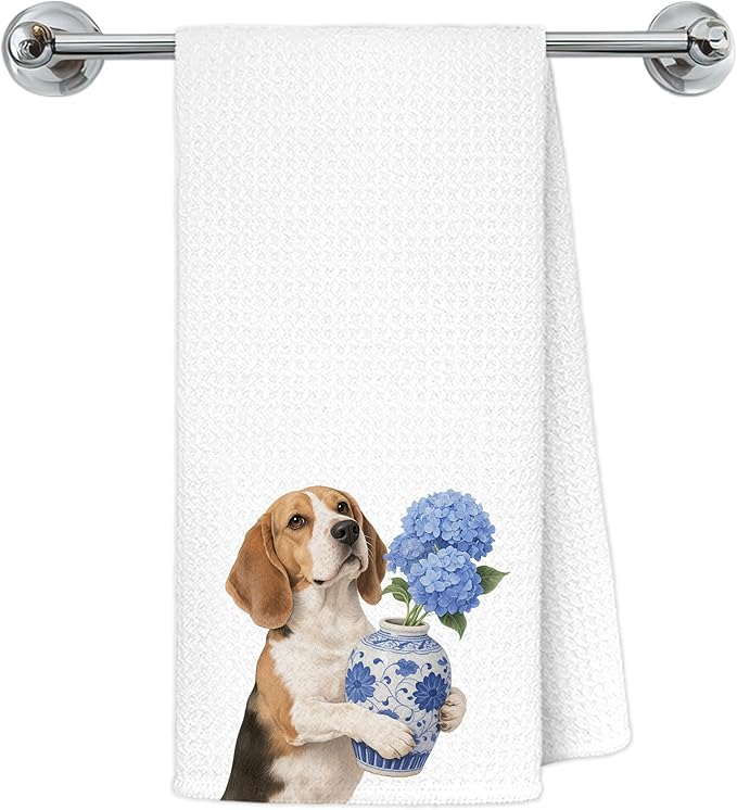 Blue Hydrangea Beagle Kitchen Towels, Beagle Lovers Gifts Dish Tea Towels for Kitchen Decor, Chinoiserie Porcelain Floral Dog Decorative Hand Towel Bathroom Decor, 16x24 Inch