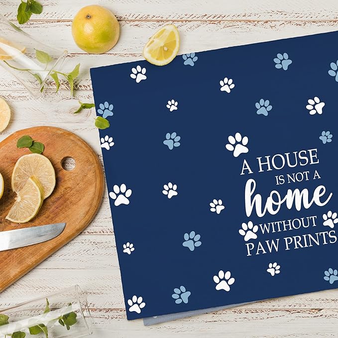 Blue Paw Farmhouse Kitchen Towels Decor Gifts for Women Pet Lovers, A House is Not A Home Without Paw Prints Decorative Bathroom Towels, Funny Dish Hand Towels for Kitchen Drying 16x24 Inch