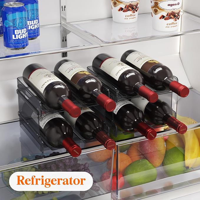 Lifewit Stackable Wine Rack for Cabinet, Plastic Refrigerator Wine Holder | Black Water Bottle Storage Rack for Fridge Shelf, Tumbler Cup Organizer Holds 4 Bottles for Countertop, Kitchen Organization