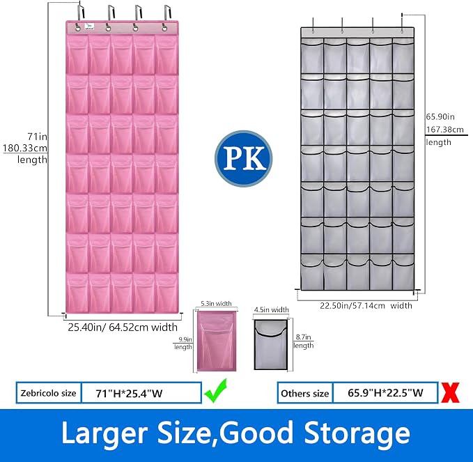 Over the Door Shoe Organizer, 2025 Upgrade 35 Large Pockets for Shoe Storage, Hanging Shoe Holder with Metal Hook, Clear Shoe Rack for Closet Bathroom Door Space Saving - Pink