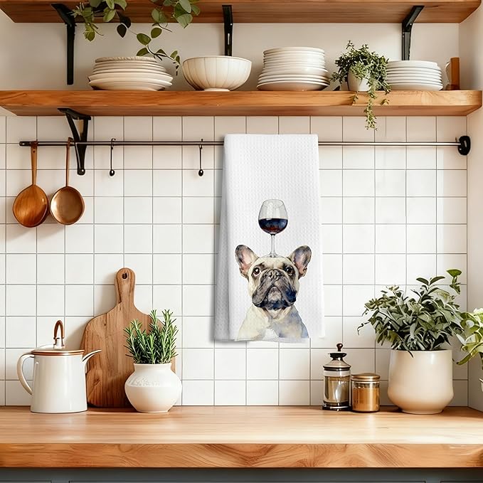 Funny Wine French Bulldog Decorative Kitchen Towels, Gifts for French Bulldog and Wine Lovers Hand Tea Towels for Bathroom, Frenchie Gifts for Women Men Dish Towel Dishcloth, 16x24 Inch