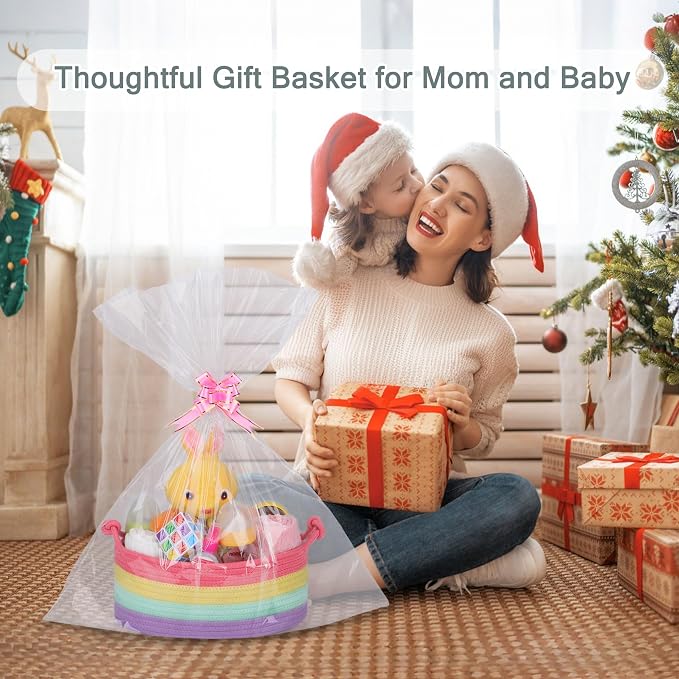 COMSE Small Gift Basket Empty with Bag & Ribbons, Rainbow | Cotton Rope, 12"x 8"x 5", Pet Toy Storage Organizer, Woven Basket for Birthdays, Baby Showers, Mother’s Day, Valentine’s Day