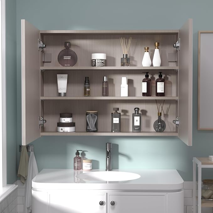 24x32 inch Bathroom Wall Cabinet, Saver Storage Cabinet, Medicine Cabinet with 2 Door and Adjustable Shelves, Grey（Assembly Required）