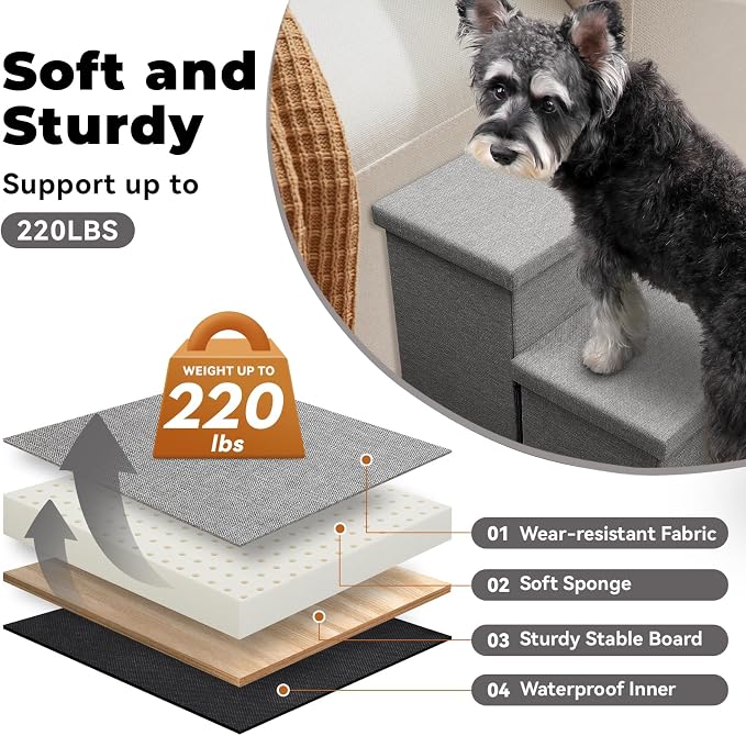 Zerbuger Dog Stairs with Storage, Grey 5 Steps Dog Ramp no Condo for Bed | 26" H Wider Dog Steps for High Beds Couch, Folding Storage Pet Stairs Gift for Climbing Small/Medium/Large Old Dogs Cats