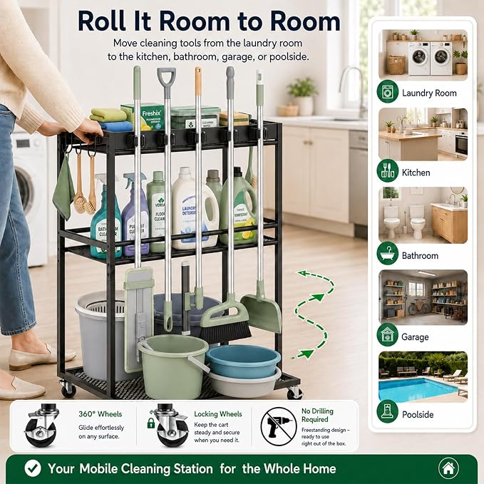 Cleaning Supplies Organizer Cart with Wheels, Broom and Mop Holder with 5 Grippers, 6 Hooks, 3 Shelves, Rolling Broom Closet Storage Rack for Laundry Room, Kitchen, Bathroom, Garage, Poolside