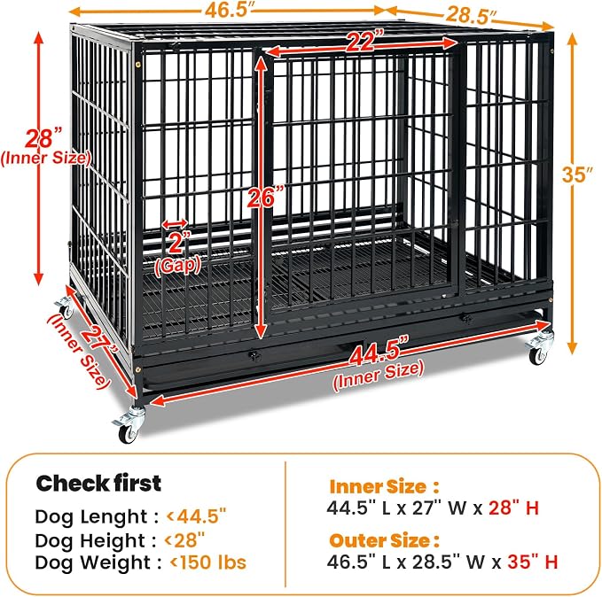 Homey Pet Stackable Heavy Duty Large Dog Crate Cage Kennel for Large Dogs | 47 Inch Black Solid Indestructible Kennel with Lockable Wheels, Double Door, Removable Dual Trays, Escape Proof Auto Locks