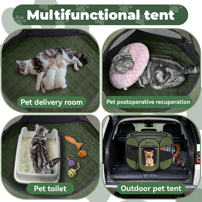 Persure Dog Cat Pet Playpen Puppy Crate Cage for Indoor Outdoor Travel | Nursing Rest Zone Recovering Pet Quarantine Room Portable Pop Up Easy to Set up lightweight(Premium Green with Pad,Small)