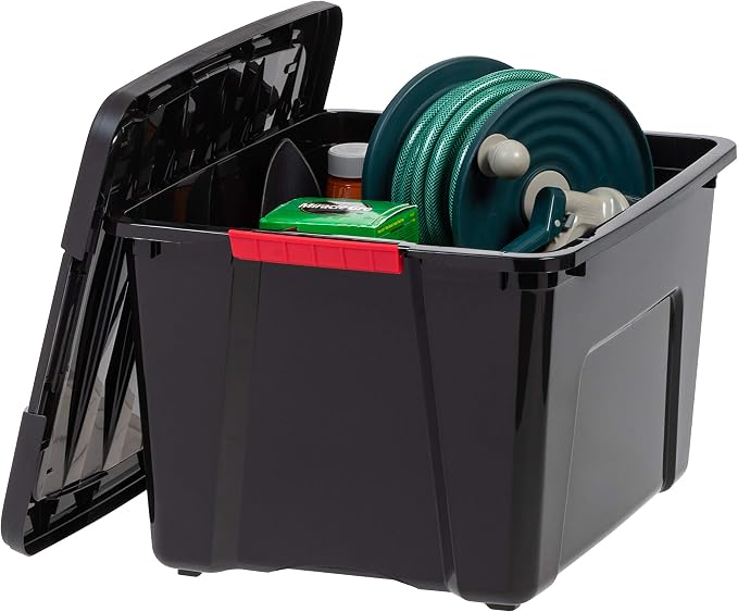 IRIS USA 6-Pack 40 Quart Storage Bins with Lids, Black | Black finish conceals stored items. Perfect for moving, blankets, clothing, and garage storage. Nestable design saves space