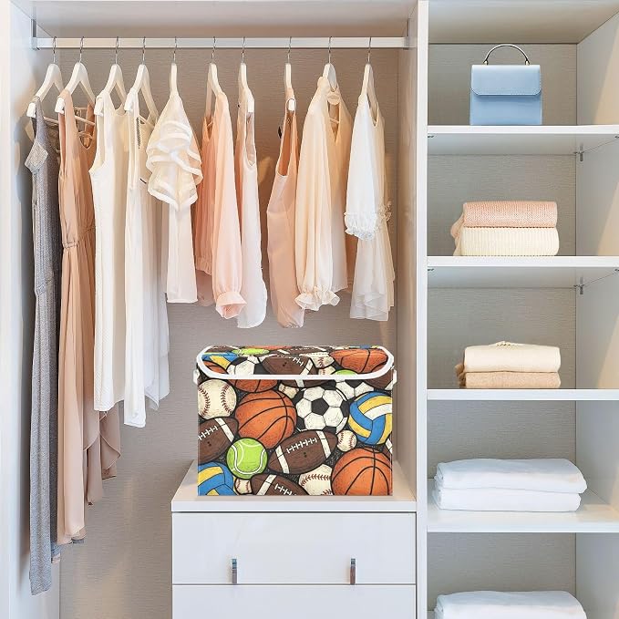 Ball Sport Soccer Storage Bins with Lids Closet Bedroom 40L Storage Basket | Decorative Storage Boxes, Foldable & Stackable, Dust-Proof Flip Top, Reinforced Handles, For Home & Dorm, Clothes & Toy Box