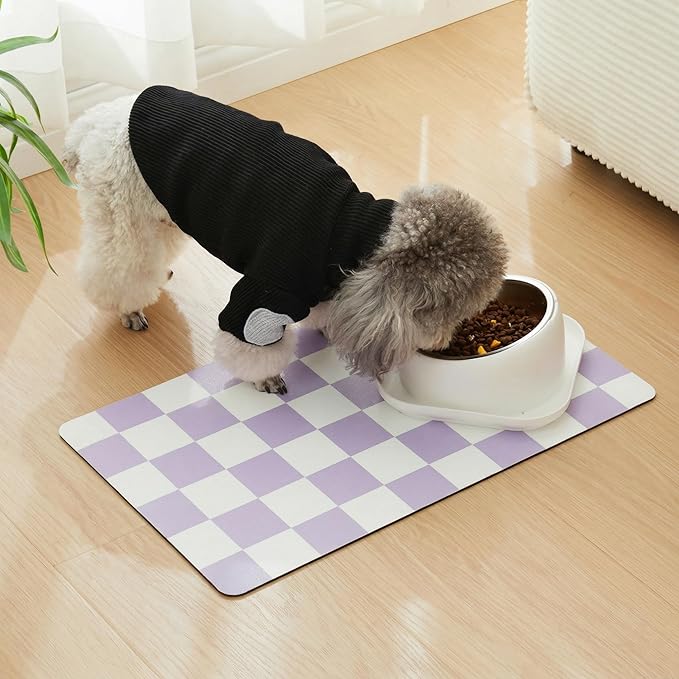 Ralxion Checkered Dog Feeding Mat, Absorbent Mats for Dog Food and Water Bowl, Dispenser, Aesthetic Purple Checkerboard Pet Placemat for Dogs, Cats, Puppy Accessories (Purple, 12 x 19)
