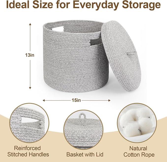 Storage Basket with Lid, Woven Blanket Storage for Living Room, Soft Cotton Rope Bin with Lid, Round Wicker Laundry Basket with Cover, Lidded Kid Dog Toy Box, Nursery Organizer, 15"x13", Gray