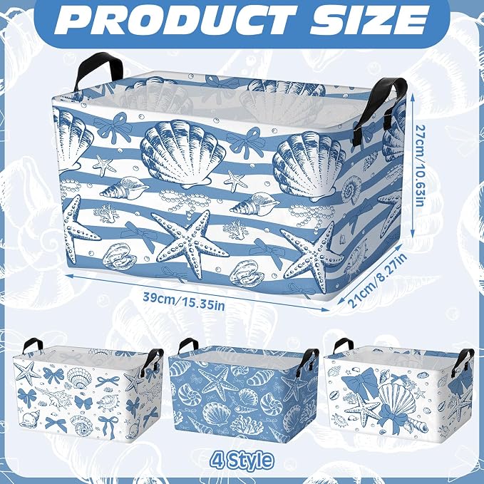 4pcs Christmas Storage Basket Fabric Laundry Baskets with Handle Xmas Foldable Organizer Boxes for Office Home Baby Cloth Toy Book 15 x 10 x 8(Summer Shell)