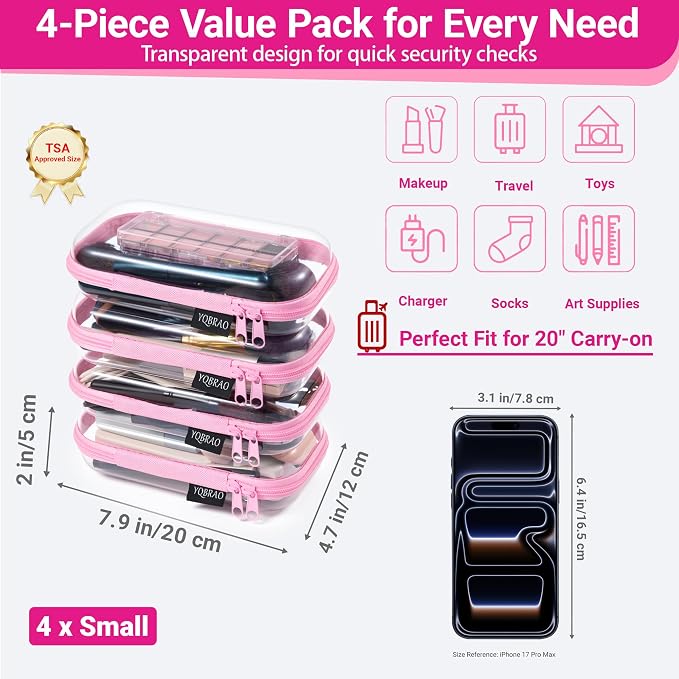 YQBRAO Clear Hard Shell Zipper Cases, 4 Small Cable Organizers, Pink | Rigid 1.2 mm PET and YKK dual zippers for cosmetics, charging cords, pens and travel accessories