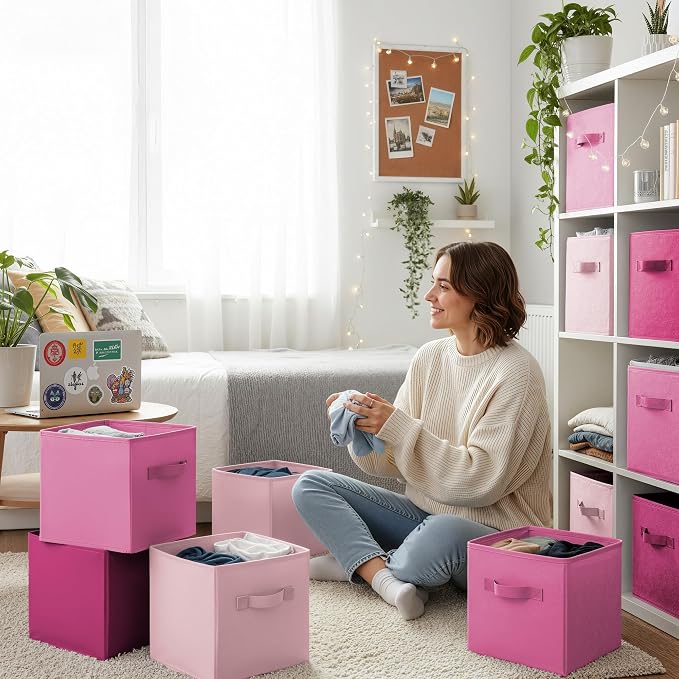 GRANNY SAYS 11 Inch Fabric Cube Storage Bins, Pink Gradient, 8-Pack | Collapsible Storage Cubes with Thickened Base Plate, Sturdy Handles, Decorative Baskets for Shelves, Closet