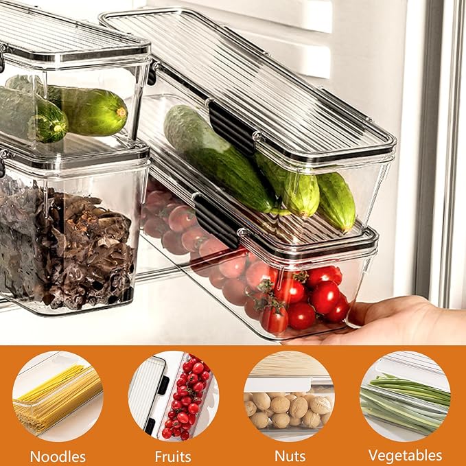 2-Pack Stackable Fridge Organizer Bins with Lids, Clear BPA-Free Food Storage Containers for Refrigerator, Fruits, Vegetables, and Drinks (Black)