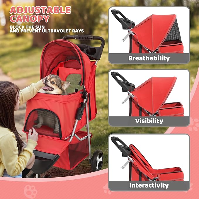 Magshion 3-Wheel Pet Stroller for Small/Medium Dogs & Cats, Up to 33lbs | Foldable Travel Jogger w/ Breathable Mesh Cover, Lightweight Design, Safety Tethers, Cup Holder & Storage Basket
