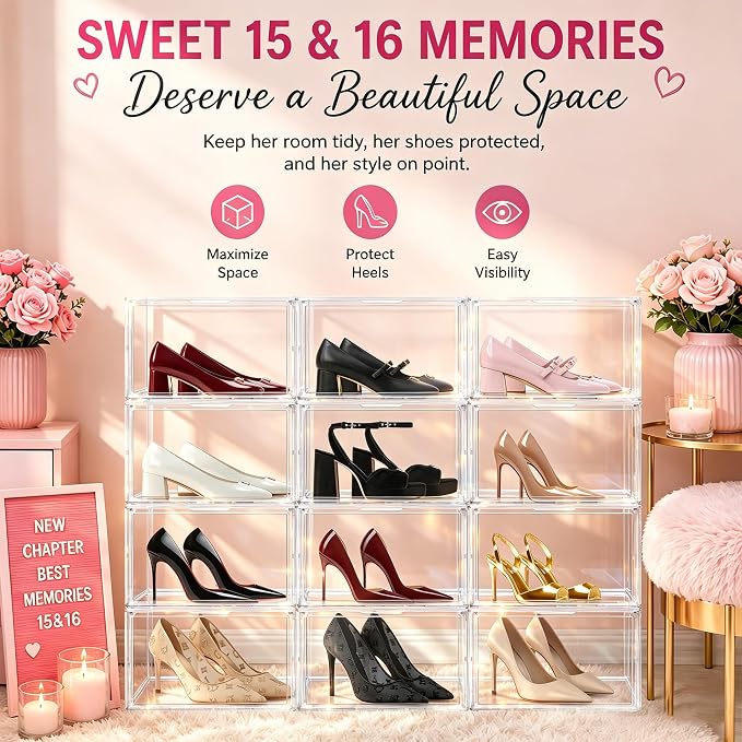 Low Profile Acrylic Shoe Storage Box for Flats,Loafers&Small Spaces,Size 12 | Heavy Duty Shoe Box, Magnetic Door, Space-saving Fits Under Shelves. Ideal for Flats,Loafers,Slip-ons & Compact Living,1 Pack
