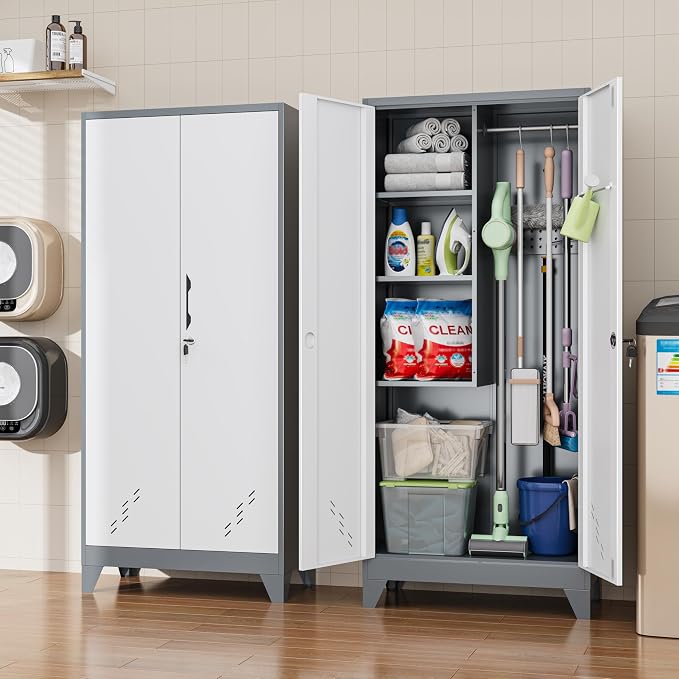 61" Broom Storage Cabinet, Cleaning Tool Storage Cabinet, Garage Utility Storage, Metal Broom Closet for Home, Garage, Utility Room (Gray White, Door-2)