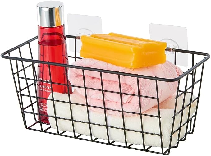 JUNCHU CHERRY 4 Pack Hanging Sorage Basket, Bathroom Basket, Household Goods, with Traceless Tape, no Drilling, for Cabinet Storage, Kitchen, Bathroom, Storage Room,Black