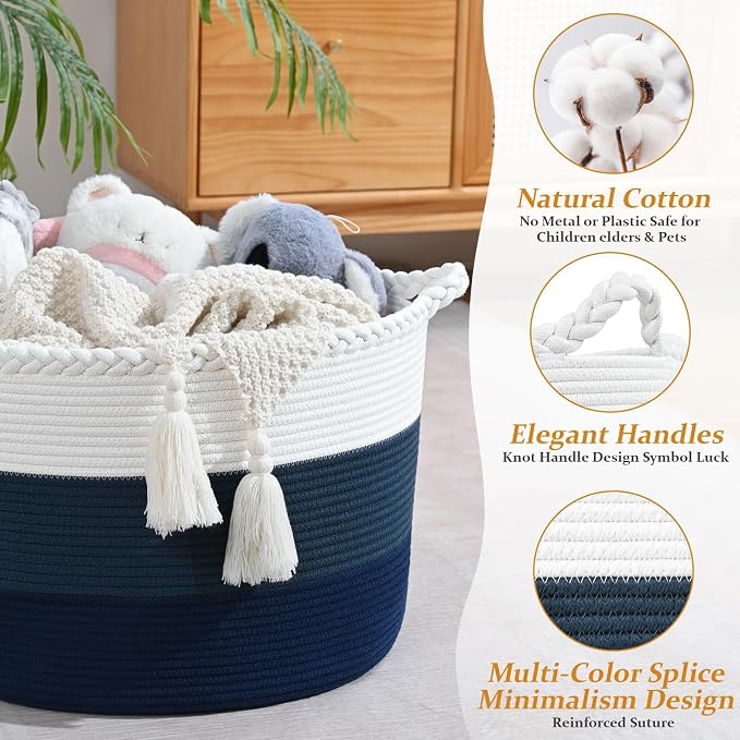 67L Large Woven Blanket Basket, Cotton Rope Baby Laundry Hamper with Handles, Kids Toy Basket for Classroom & Nursery, Soft Round Stuffed Animal Storage, Dog Toy Bin - 20"x13", Dark Blue