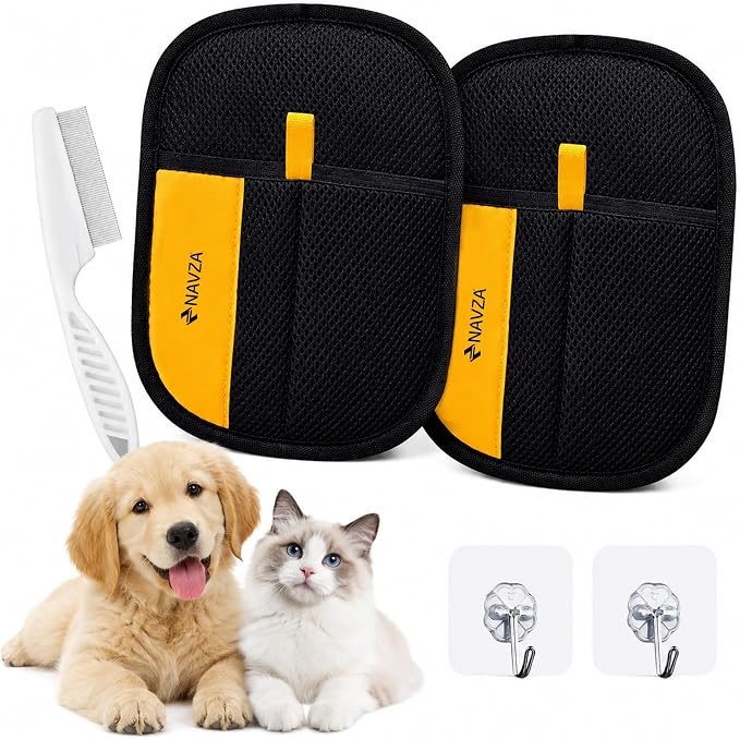 Pet Hair Removal Glove for Dogs & Cats – Reusable Electrostatic Pet Hair Remover Glove Quick Wiping & Washable – 2PCS Magic Brush pet Hair Tool with Comb & 2 Wall Hooks