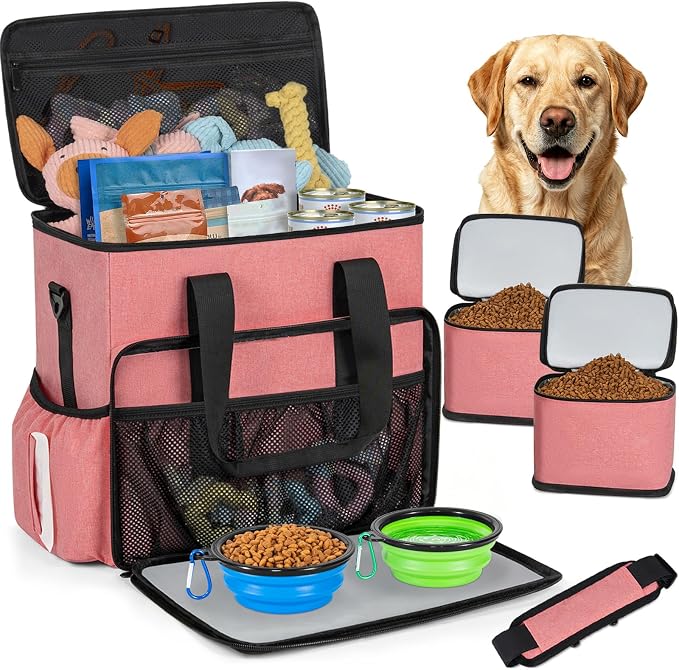 TORIBIO Large Dog Travel Bag for Supplies with Food Bowl | With 2 Food Container and Collapsible Bowls, Mat & Divider, Water-resistant, Pet Travel Kit for Weekend, Road Trips, Camping