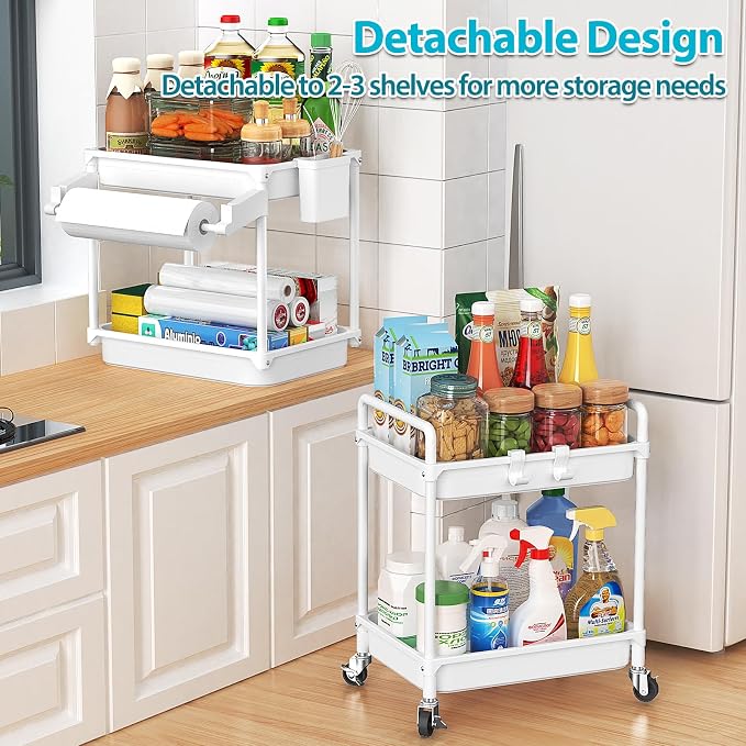 SPACEKEEPER Rolling Storage Cart, 4 Tier Utility Cart for Bathroom, White | Rolling Cart with Lockable Wheels, Towel Rack, Hooks & Cup for Laundry Room,Kitchen,Office, Snack,Craft,Art,Makeup,Nail,Toys