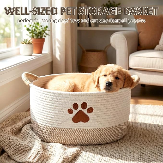 Dog Woven Toy Basket 14.6 x 10.6 x 8.7 Inch Woof Pet Baskets Storage Bin Box with Durable Handles, Woven Pet Basket Puppy Bins for Organizing Toys Dog Blankets and Accessories(Paw)