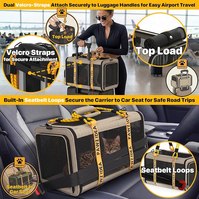 PAWZIDEA Expandable Pet Carrier for Small Cats & Dogs, TSA Airline Approved | 18"×11"×11" Soft-Sided Small Dog Travel Bag, Collapsible Top-Load Cat Carrier for 2 Cats Under Seat, Puppy Car Seat Up 15lbs