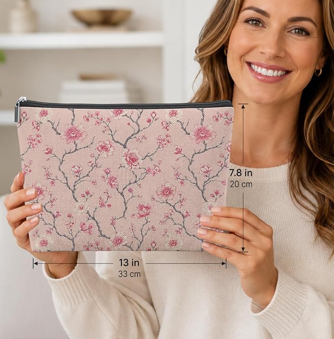 Pink Japanese Cherry Blossom Empty Mahjong Tile Bag 13x7.8in | Pink Floral Aesthetic Printed Portable Organizer Zipper Pouch for American Mahjong Tiles Accessories and Gifts
