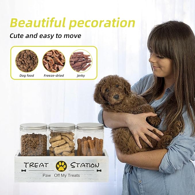 Dog Treat Container with 3 Airtight Jars and Wooden Tray, Labels and Marker | Reusable Write-On Stickers, Built-In Handles, Clear Pet Food Storage Canisters for Countertop, Farmhouse Decor for Pet Owners