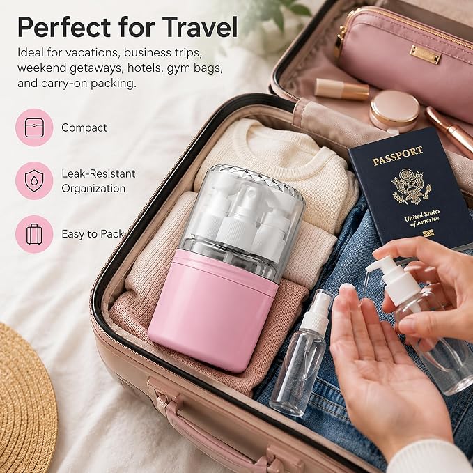 4-in-1 Travel Dispenser with 4 x 50 mL Bottles, Pink | 4 refillable 50 mL bottles, pump and spray tops, included label stickers, compact design for toiletries, travel, gym