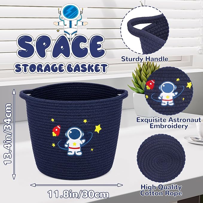 Laundry Basket Astronaut Space, 11"x13" Cotton Rope Woven Laundry Hamper, Cute Kids Storage Basket for Toy Storage Stuffed Animal Storage, Blanket Basket for Nursery Bedroom