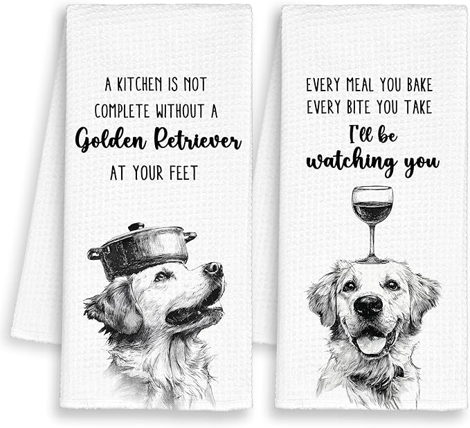 Funny Dog Golden Retriever Kitchen Towels Set of 2, Every Meal You Bake Hand Towels Decor for Bathroom, Cute Dish Towel Gifts for Dog Lovers, Rustic Tea Bar Waffle Towel for Dorm 16x24in