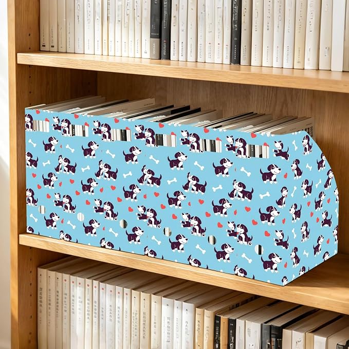SPRIPORT Cute Pets Puppies Blue Print Water Repellent PP Magazine File Holder Organizer for Desk, Collapsible Storage Rack for Office Library School Document Sorter with Labels 23x30x10cm (3 Pack)