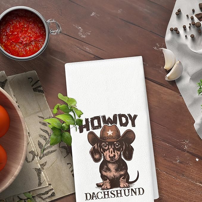 Howdy Dachshund Dish Towels - Dachshund Gifts for Women, Dachshund Decor, Dachshund Stuff, Western Dachshund Weiner Dog Microfiber Hand Towels for Bathroom Kitchen 16x24 Inch