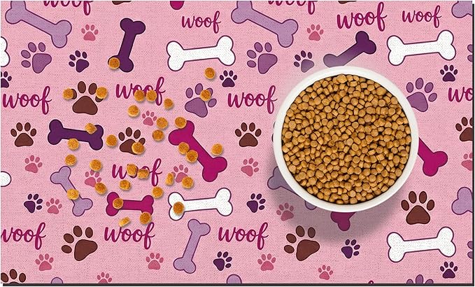 Dog Feeding Mat 20 x 12 Inch, Pink Paw Bone Woof Dog Placemat Absorbent Quick-Dry for Food and Water, Waterproof Non Slip Rubber Pet Bowl Pad Mat for Floors
