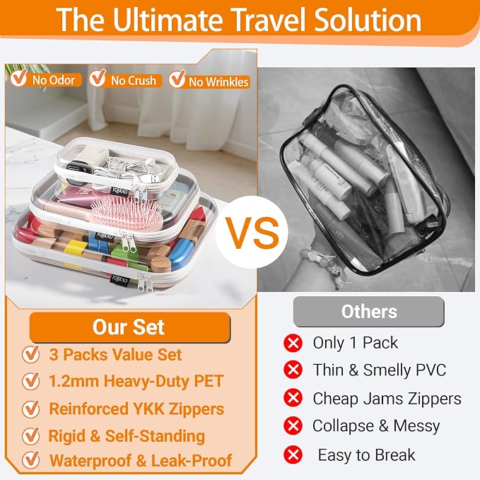 YQBRAO Clear Hard Shell Organizer Cases, Multi-Size (L, M & S), 3-Pack | 1.2 mm clear PET organizers in three sizes for toiletries, cosmetics, electronics, travel items, and everyday storage