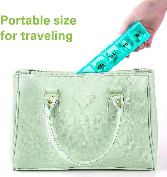 BUG HULL Weekly Pill Organizer Large 2 Packs, Extra Large Travel Pill Organizers, Pill Box 7 Day, Travel Pill Case, Medicine Pill Organizer for Vitamins, Supplements and Medications (Blue+Green)