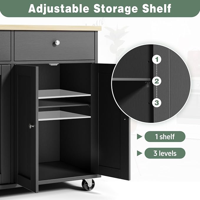 JY QAQA 39" Kitchen Island on Wheels with Storage Cabinet Kitchen Cart Cabinet with Shelves, Cart Handle for Towel Rack or Free Mobility, Portable Islands for Kitchen, Black