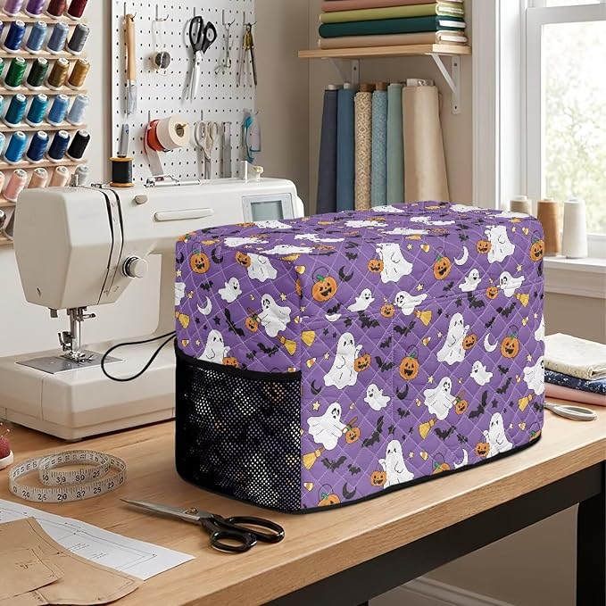 Sewing Machine Cover Polyester Febric Halloween Ghost Pumpkin | Dust Pet Hair Protection,Quilting Design,Fits Standard Singer,Brother Janome Machines,Protecting Decorating Your Sewing Space