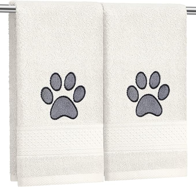 SmoothNovelty 2 Pcs Dog Paw Hand Towels Beige Bathroom Decor 13 x 29 Inch 100% Cotton Embroidered Soft Hand Towels Absorbent Farmhouse for Kitchen Restroom